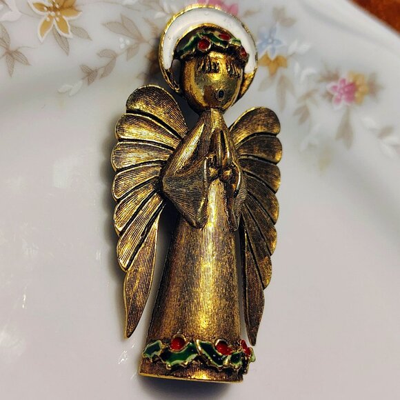 Vintage 60s ART Arthur Pepper Praying ANGEL BROOCH Christmas Holly Signed - Picture 2 of 6